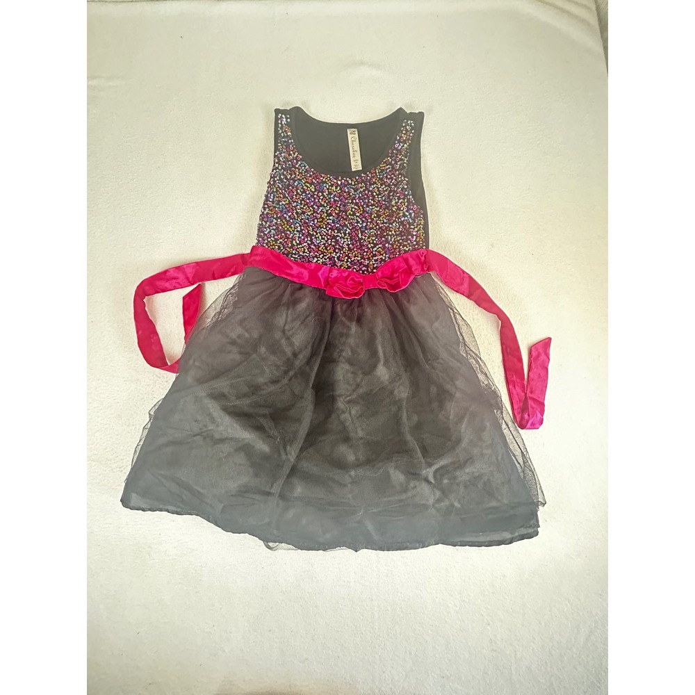 Cherokee Girls Black Sequin Tulle Party Dress Pink Sash Size M 7/8